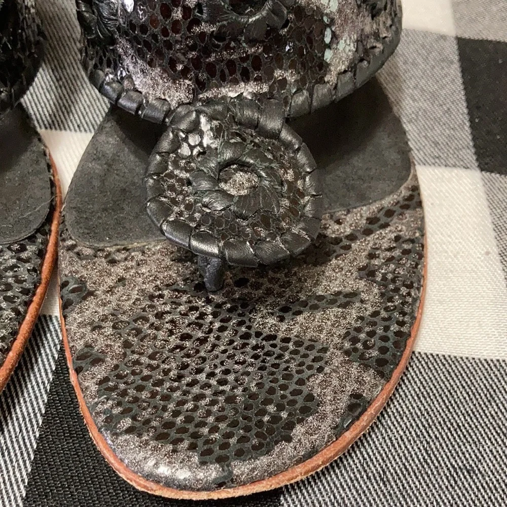 Jack Rodgers USA Leather Wedge Thong Sandal Shoes Sequin Reptile Gray Black 7.5